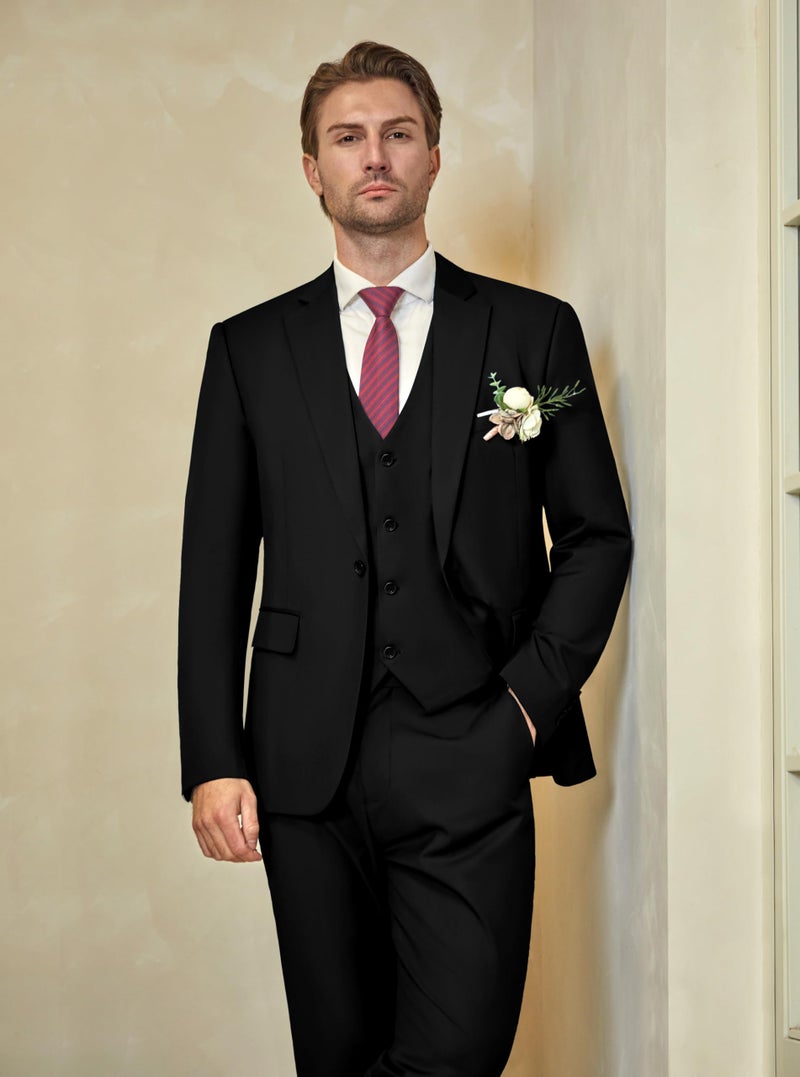 WULFUL Menâ€™s Slim Fit Suit One Button 3-Piece Blazer Dress Business Wedding Party Jacket Vest & Pant Black - Image 2